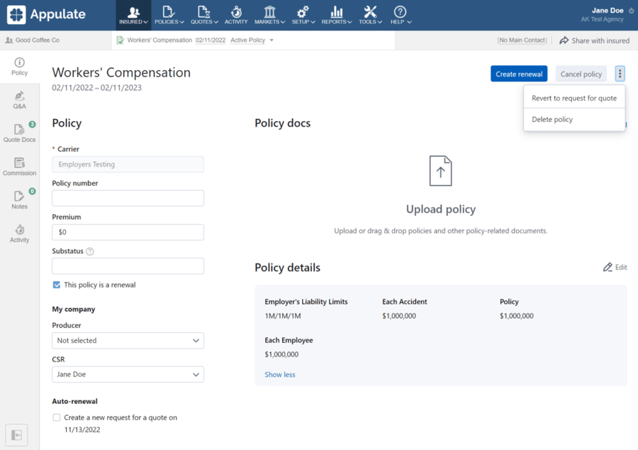 Policy tab interface